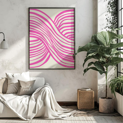 This vibrant abstract artwork features a dynamic composition of interwoven wavy lines in a striking… for living room