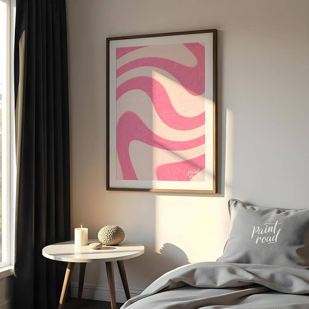 This vibrant and dynamic art print features a mesmerizing pattern of undulating waves or swirls, re… for bedroom