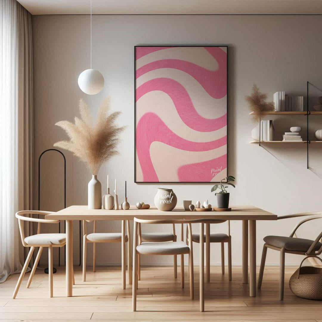 This vibrant and dynamic art print features a mesmerizing pattern of undulating waves or swirls, re… for dining room