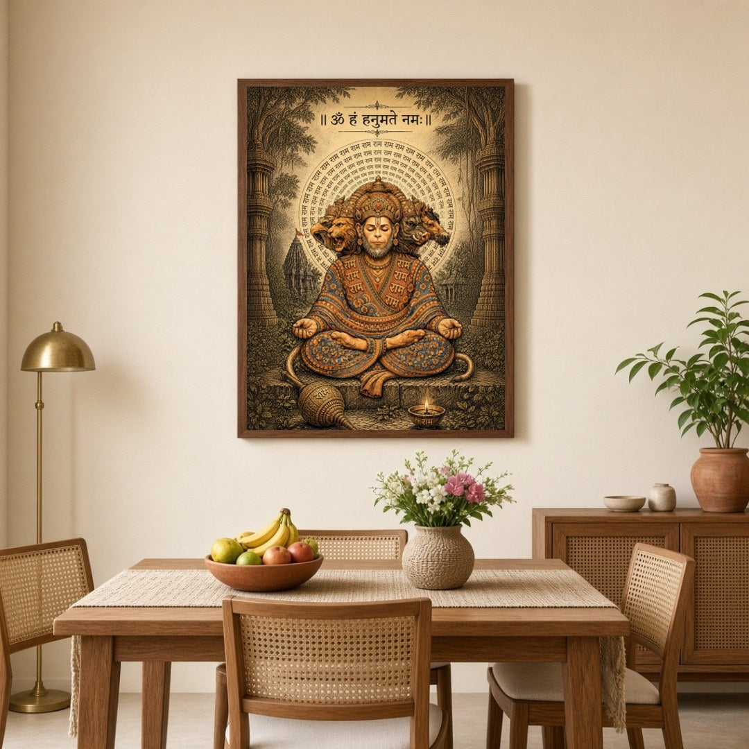 Experience the divine tranquility depicted in this stunning artwork of Lord Hanuman sitting in deep for Dining