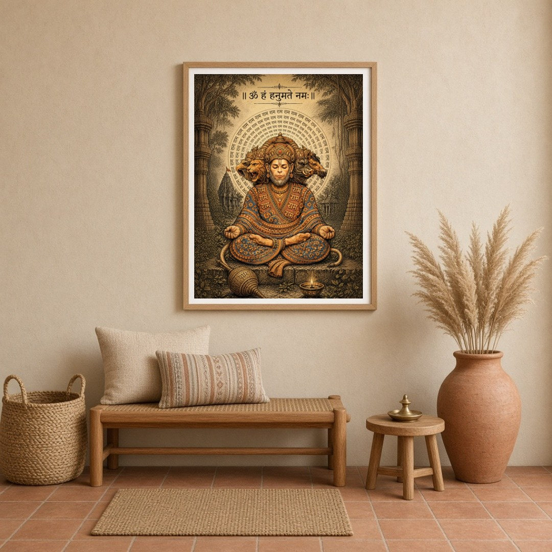 Experience the divine tranquility depicted in this stunning artwork of Lord Hanuman sitting in deep for Entrance
