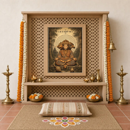 Experience the divine tranquility depicted in this stunning artwork of Lord Hanuman sitting in deep for Home Temple