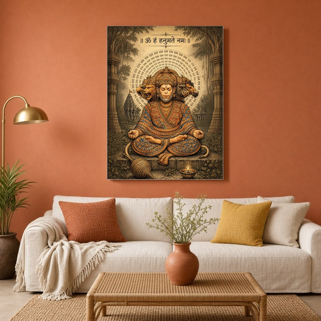 Experience the divine tranquility depicted in this stunning artwork of Lord Hanuman sitting in deep for Living Room