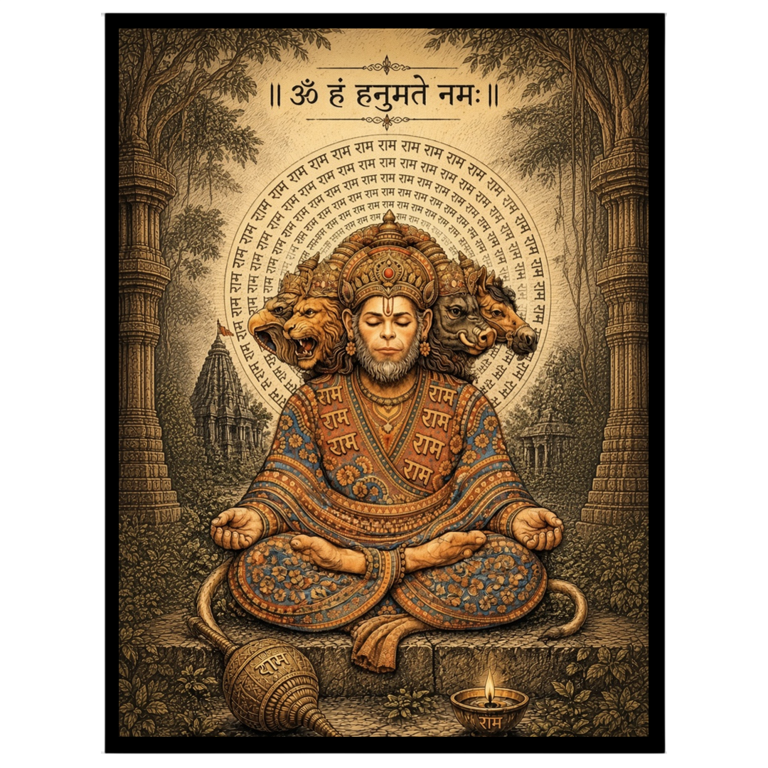 Experience the divine tranquility depicted in this stunning artwork of Lord Hanuman sitting in deep for retreat