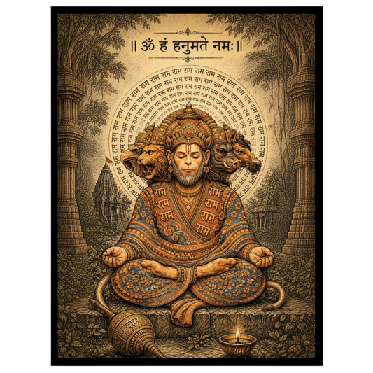 Experience the divine tranquility depicted in this stunning artwork of Lord Hanuman sitting in deep for retreat
