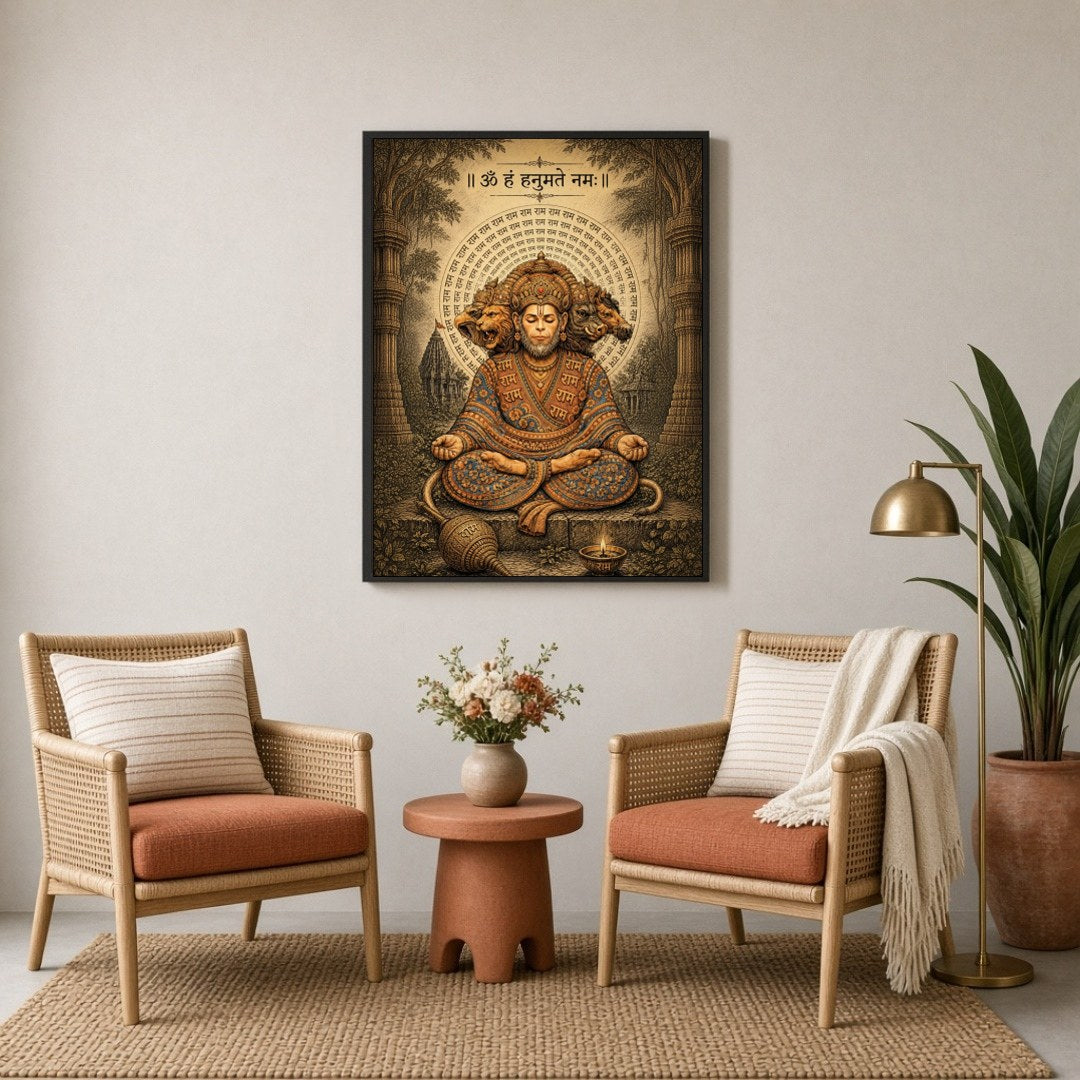 Experience the divine tranquility depicted in this stunning artwork of Lord Hanuman sitting in deep for Sitting Lounge