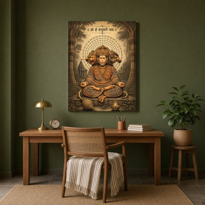 Experience the divine tranquility depicted in this stunning artwork of Lord Hanuman sitting in deep for Study