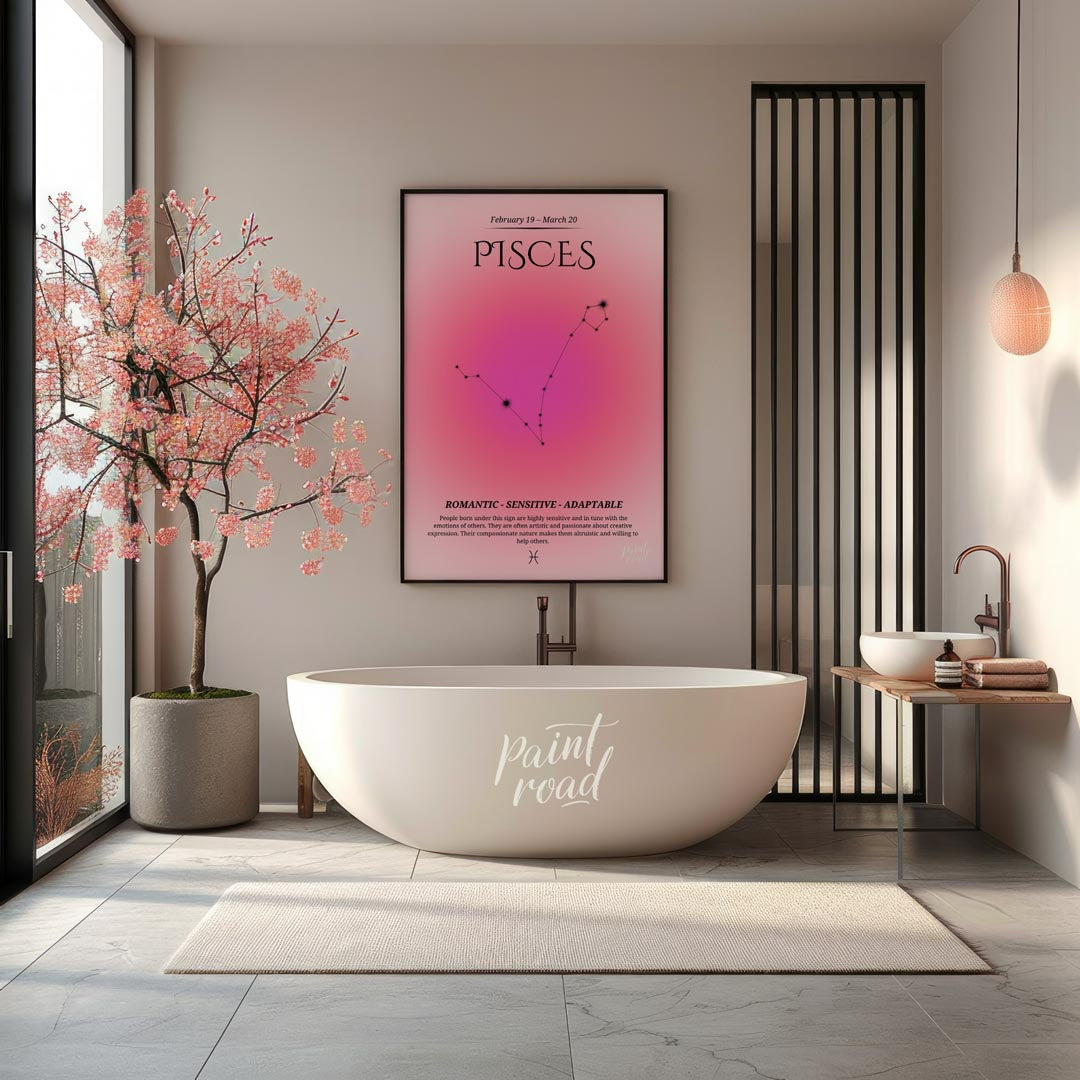 This Pisces zodiac sign poster covers the birth dates from February 19 to March 20, featuring a sof… for bathroom