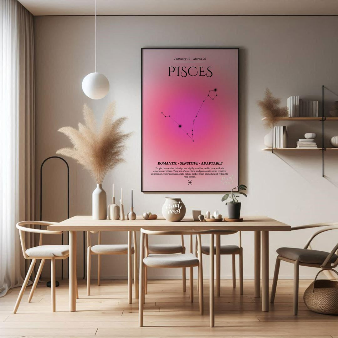 This Pisces zodiac sign poster covers the birth dates from February 19 to March 20, featuring a sof… for dining room