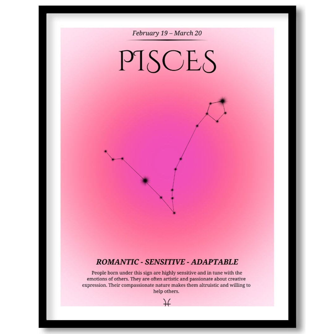 This Pisces zodiac sign poster covers the birth dates from February 19 to March 20, featuring a sof… for house
