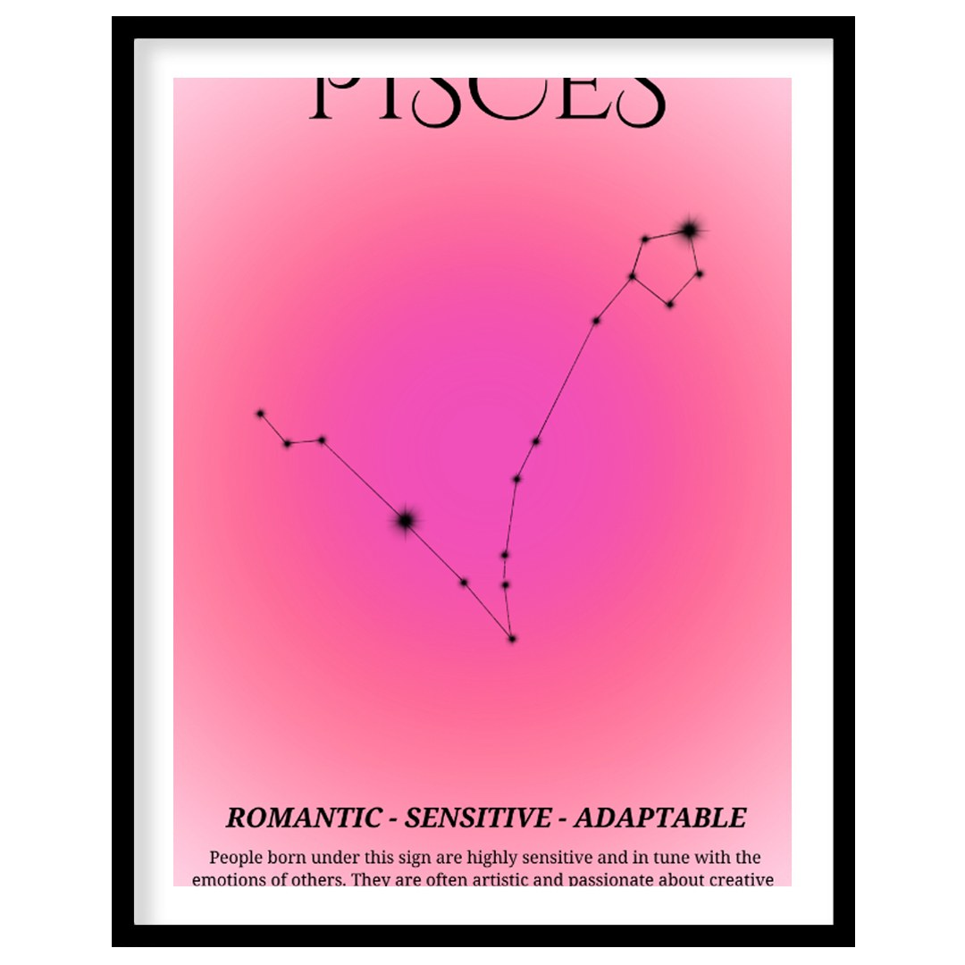 This Pisces zodiac sign poster covers the birth dates from February 19 to March 20, featuring a sof… for house