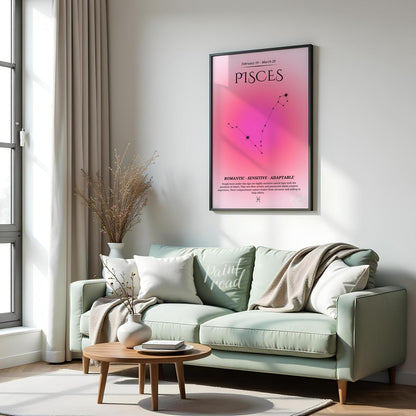 This Pisces zodiac sign poster covers the birth dates from February 19 to March 20, featuring a sof… for living room