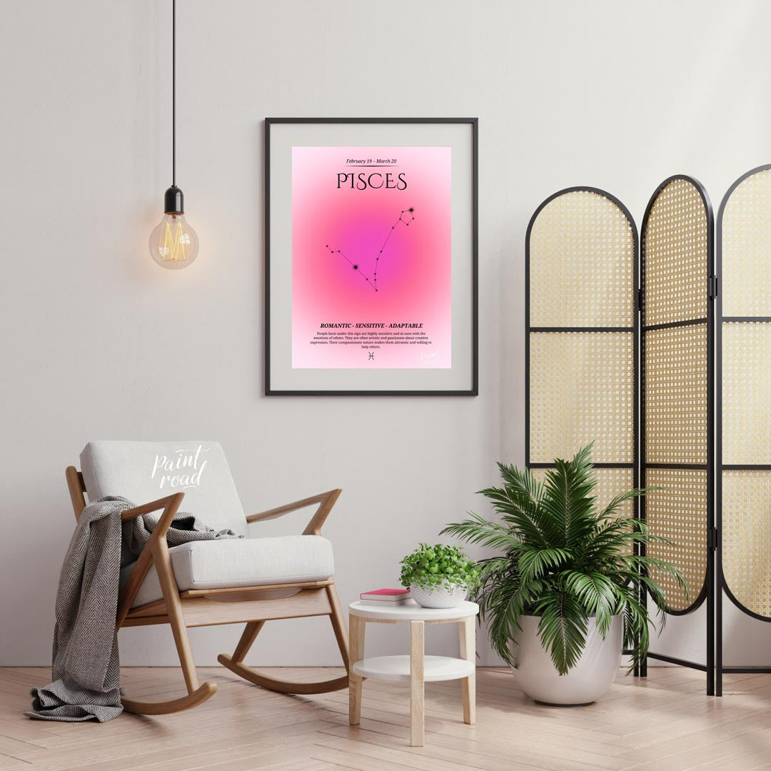 This Pisces zodiac sign poster covers the birth dates from February 19 to March 20, featuring a sof… for living room