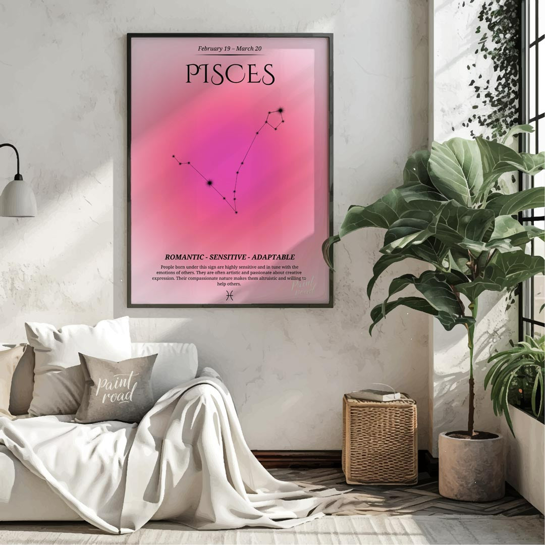 This Pisces zodiac sign poster covers the birth dates from February 19 to March 20, featuring a sof… for living room
