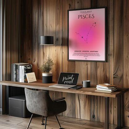 This Pisces zodiac sign poster covers the birth dates from February 19 to March 20, featuring a sof… for office