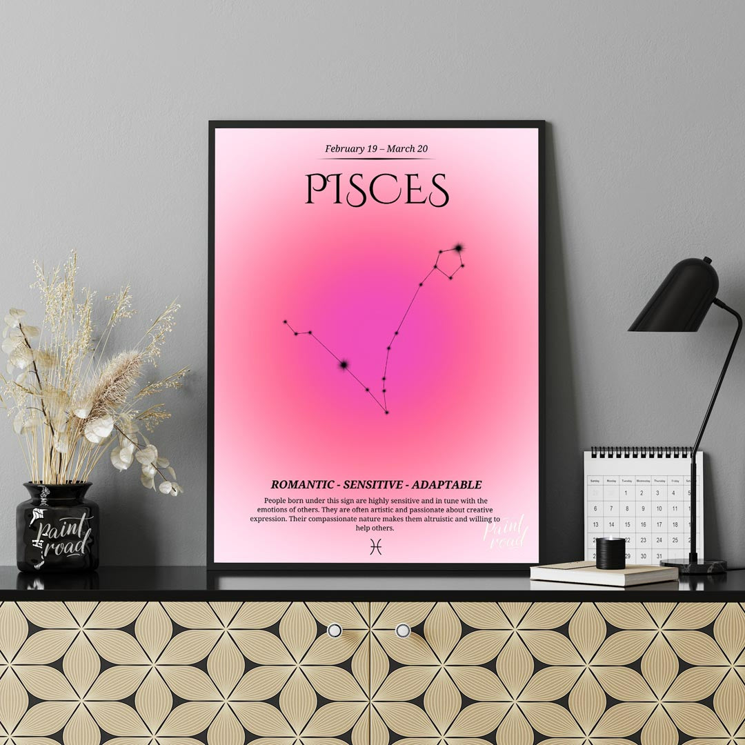 This Pisces zodiac sign poster covers the birth dates from February 19 to March 20, featuring a sof… for office