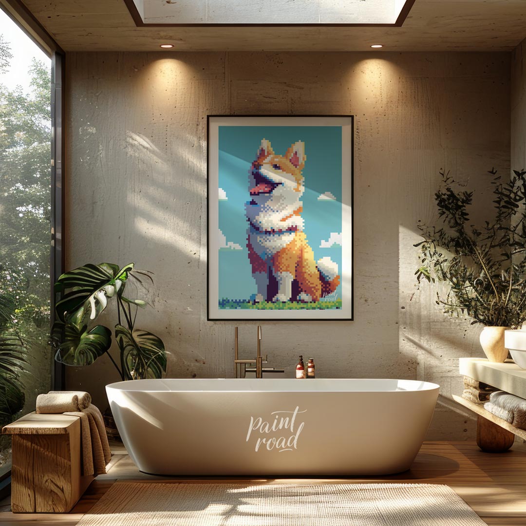 This charming poster features a cheerful Shiba Inu dog rendered in a distinct pixel art style, remi… for bathroom