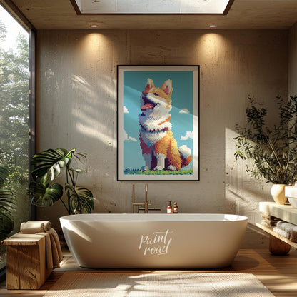 This charming poster features a cheerful Shiba Inu dog rendered in a distinct pixel art style, remi… for bathroom