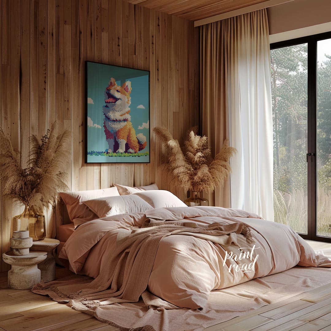 This charming poster features a cheerful Shiba Inu dog rendered in a distinct pixel art style, remi… for bedroom