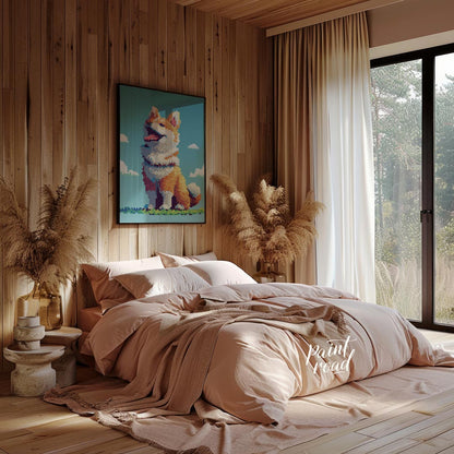 This charming poster features a cheerful Shiba Inu dog rendered in a distinct pixel art style, remi… for bedroom