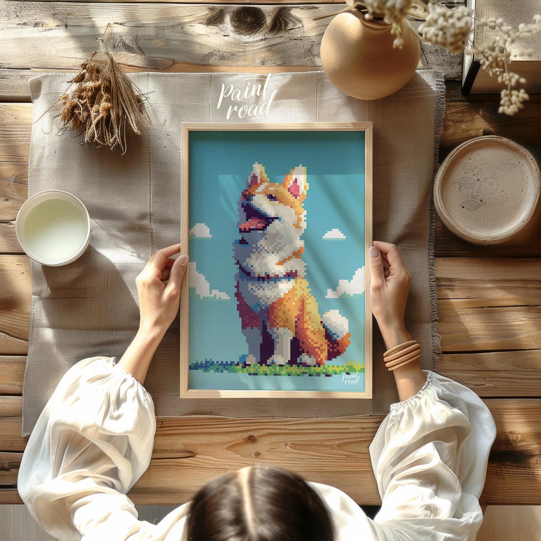 This charming poster features a cheerful Shiba Inu dog rendered in a distinct pixel art style, remi… for dining room