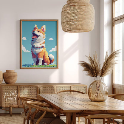This charming poster features a cheerful Shiba Inu dog rendered in a distinct pixel art style, remi… for dining room