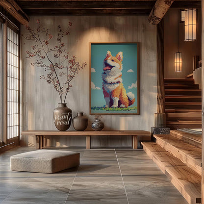 This charming poster features a cheerful Shiba Inu dog rendered in a distinct pixel art style, remi… for entryway