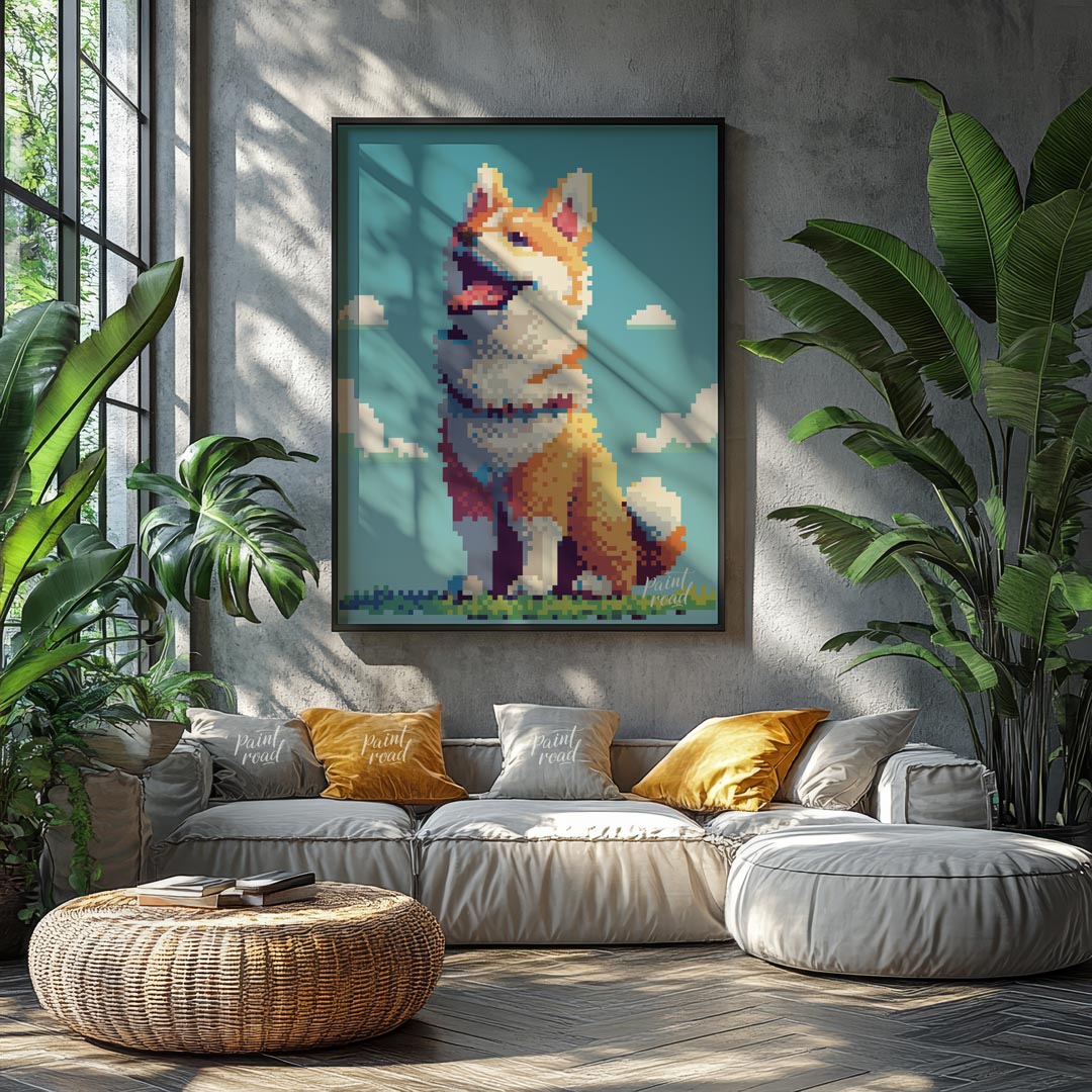 This charming poster features a cheerful Shiba Inu dog rendered in a distinct pixel art style, remi… for living room