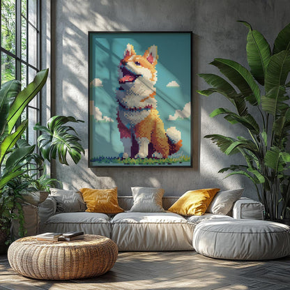 This charming poster features a cheerful Shiba Inu dog rendered in a distinct pixel art style, remi… for living room