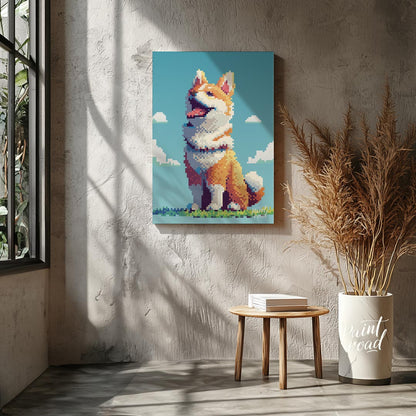This charming poster features a cheerful Shiba Inu dog rendered in a distinct pixel art style, remi… for living room