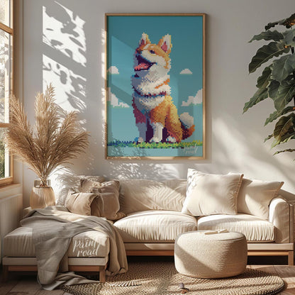 This charming poster features a cheerful Shiba Inu dog rendered in a distinct pixel art style, remi… for living room