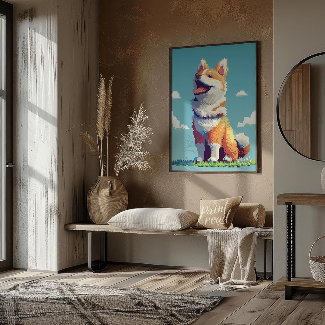 This charming poster features a cheerful Shiba Inu dog rendered in a distinct pixel art style, remi… for living room