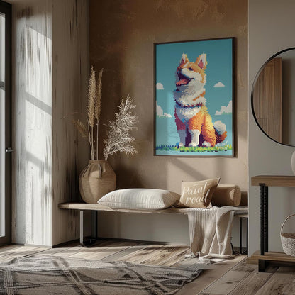 This charming poster features a cheerful Shiba Inu dog rendered in a distinct pixel art style, remi… for living room