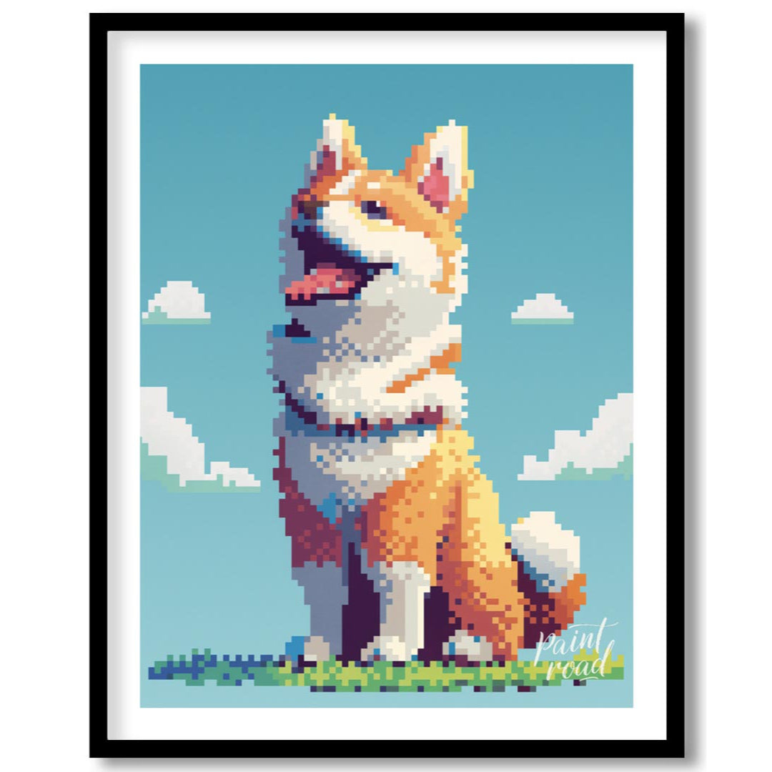 This charming poster features a cheerful Shiba Inu dog rendered in a distinct pixel art style, remi… for sweet home