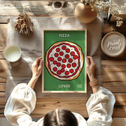 This eye-catching poster features a vibrant and inviting illustration of a classic pepperoni pizza,… for dining room