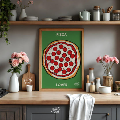 This eye-catching poster features a vibrant and inviting illustration of a classic pepperoni pizza,… for kitchen