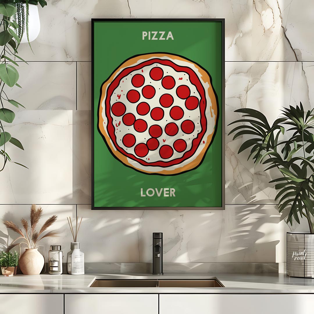 This eye-catching poster features a vibrant and inviting illustration of a classic pepperoni pizza,… for kitchen