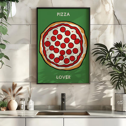 This eye-catching poster features a vibrant and inviting illustration of a classic pepperoni pizza,… for kitchen
