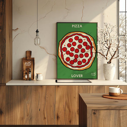 This eye-catching poster features a vibrant and inviting illustration of a classic pepperoni pizza,… for kitchen