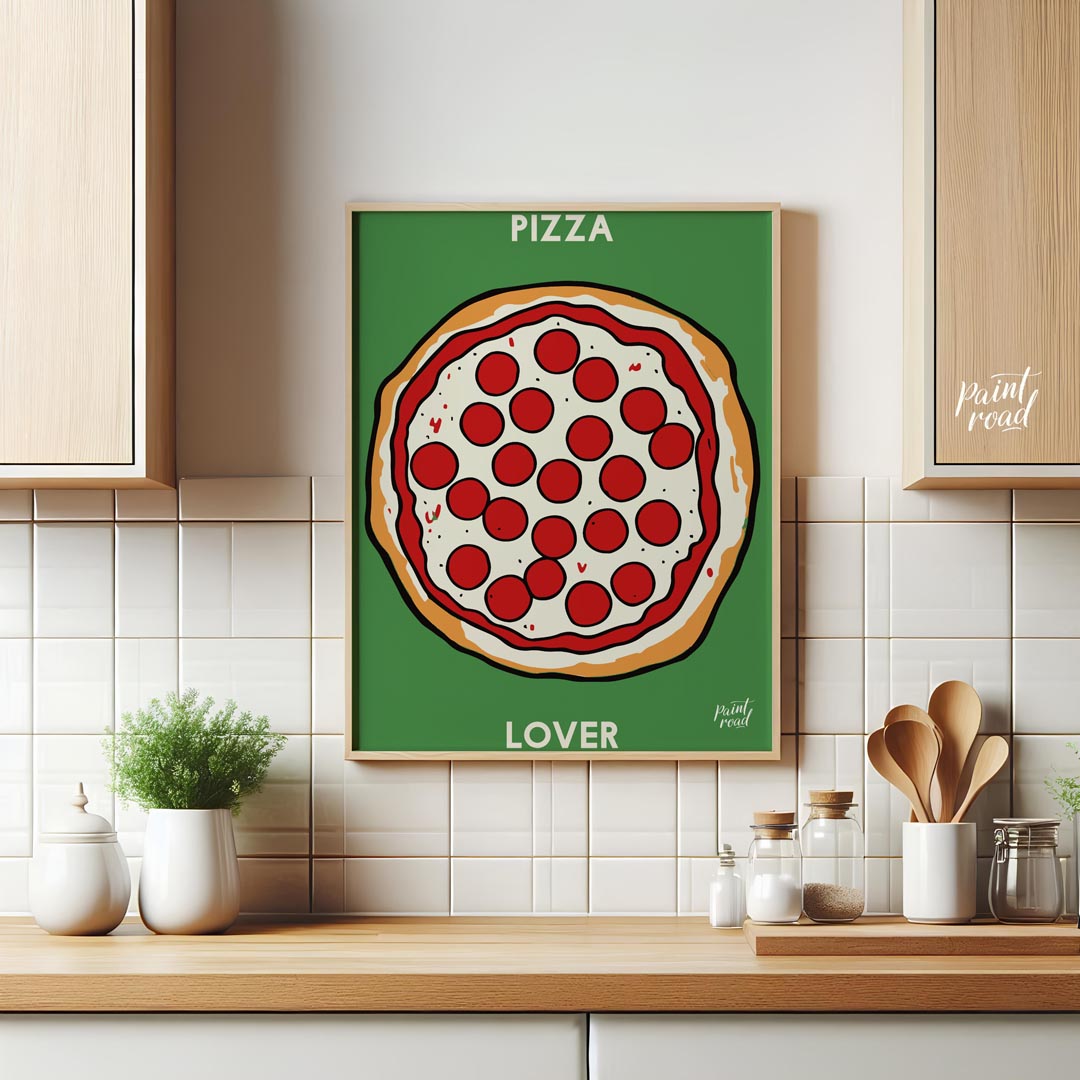 This eye-catching poster features a vibrant and inviting illustration of a classic pepperoni pizza,… for kitchen