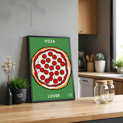 This eye-catching poster features a vibrant and inviting illustration of a classic pepperoni pizza,… for kitchen