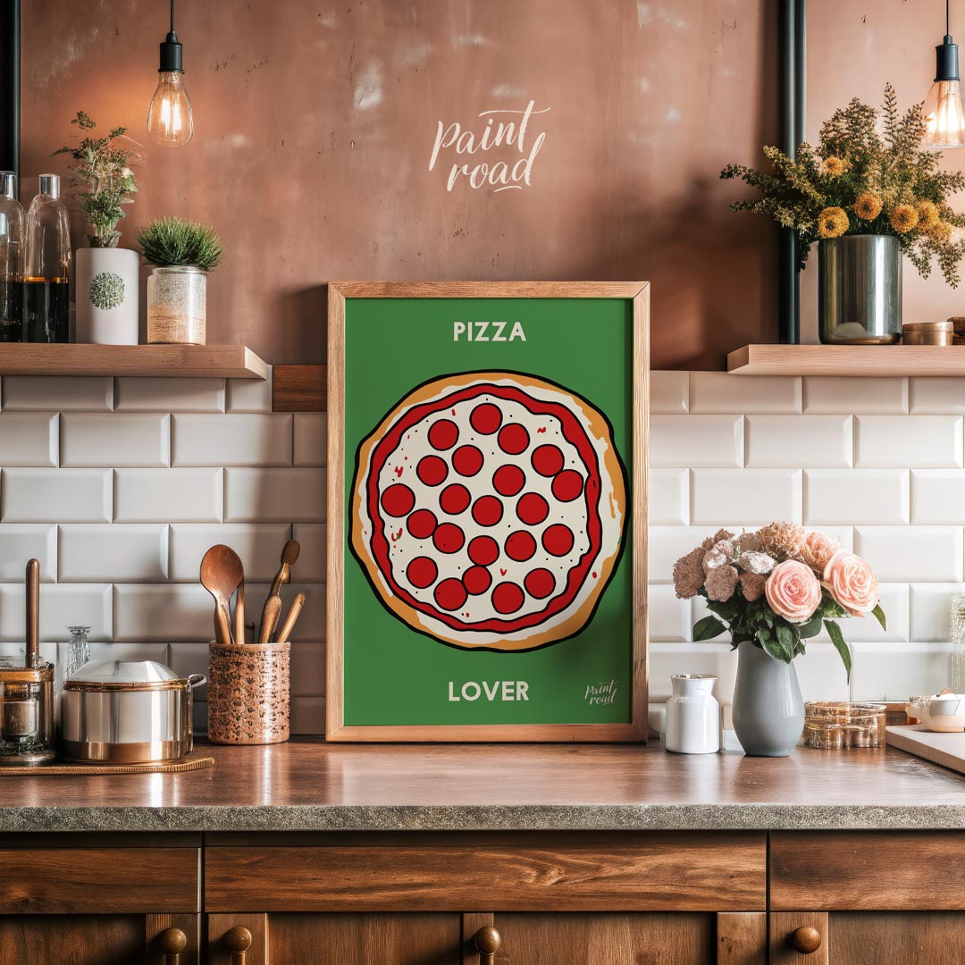 This eye-catching poster features a vibrant and inviting illustration of a classic pepperoni pizza,… for kitchen