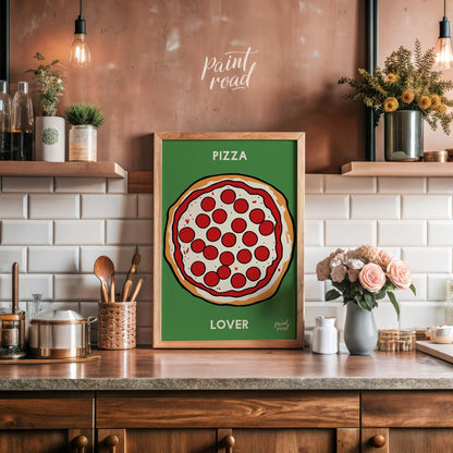 This eye-catching poster features a vibrant and inviting illustration of a classic pepperoni pizza,… for kitchen