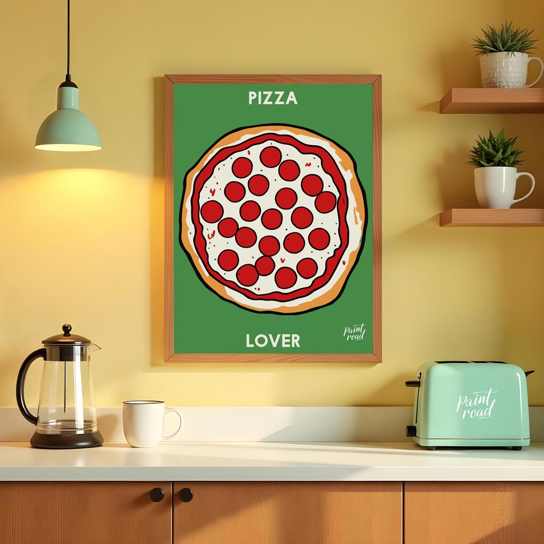 This eye-catching poster features a vibrant and inviting illustration of a classic pepperoni pizza,… for kitchen