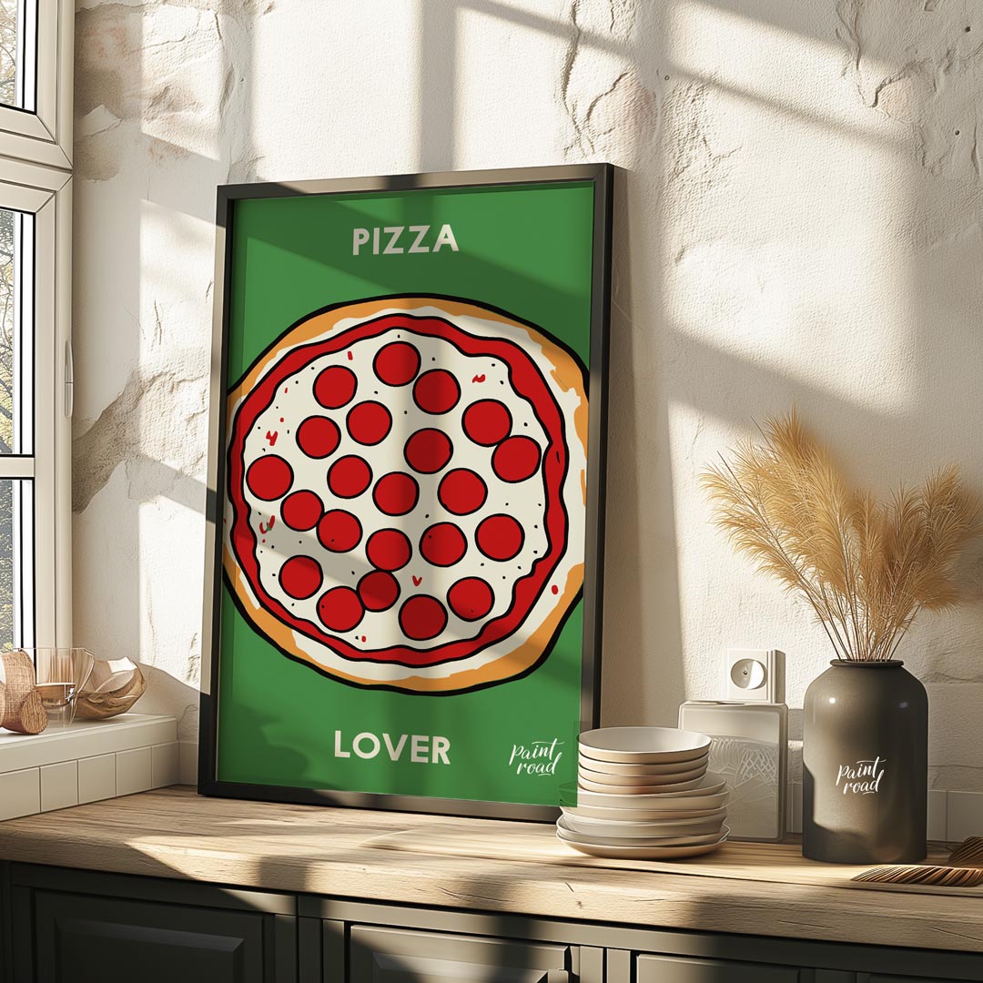 This eye-catching poster features a vibrant and inviting illustration of a classic pepperoni pizza,… for kitchen