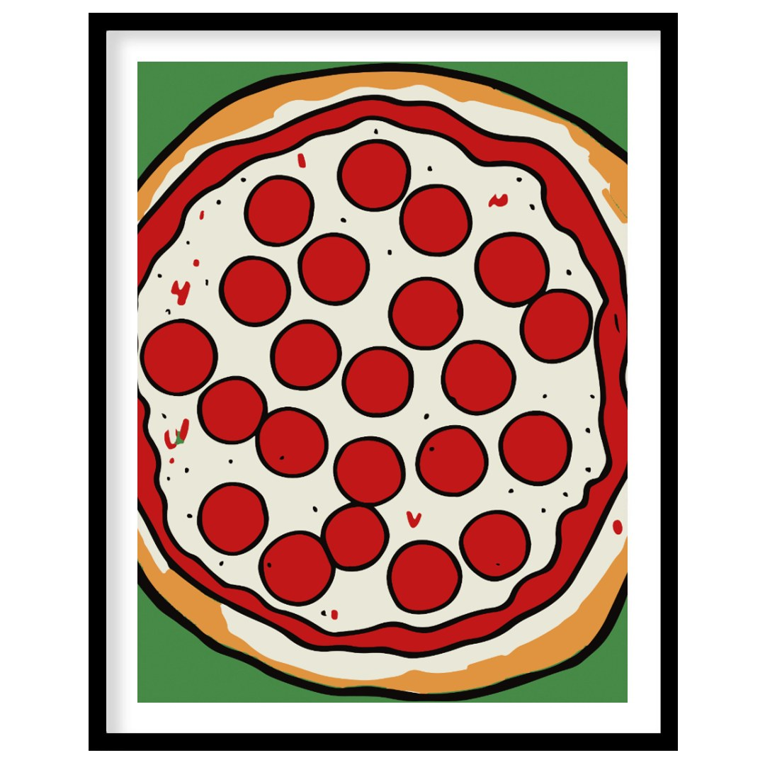 This eye-catching poster features a vibrant and inviting illustration of a classic pepperoni pizza,… for space