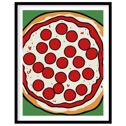 This eye-catching poster features a vibrant and inviting illustration of a classic pepperoni pizza,… for space
