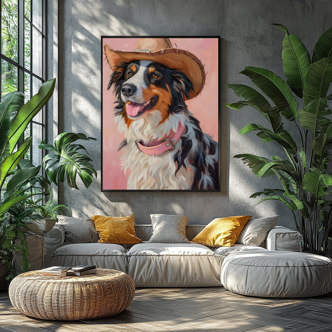 Capture the charm of the West with this delightful portrait of a dog donning a cowboy hat. The soft for Balcony