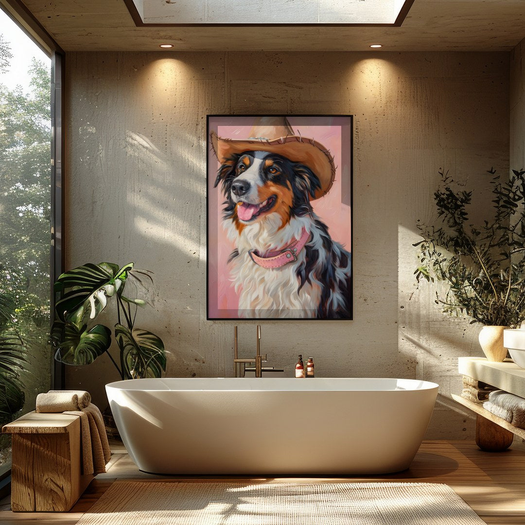 Capture the charm of the West with this delightful portrait of a dog donning a cowboy hat. The soft for Bathroom