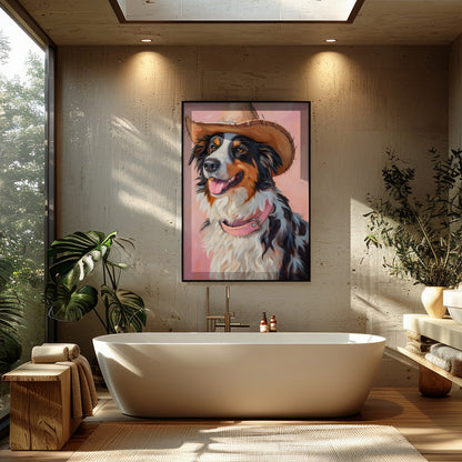 Capture the charm of the West with this delightful portrait of a dog donning a cowboy hat. The soft for Bathroom